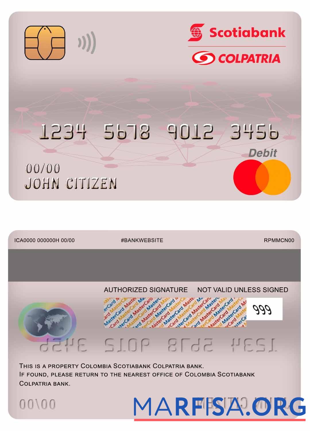 Blank Colombia Scotiabank Colpatria bank master debit card template